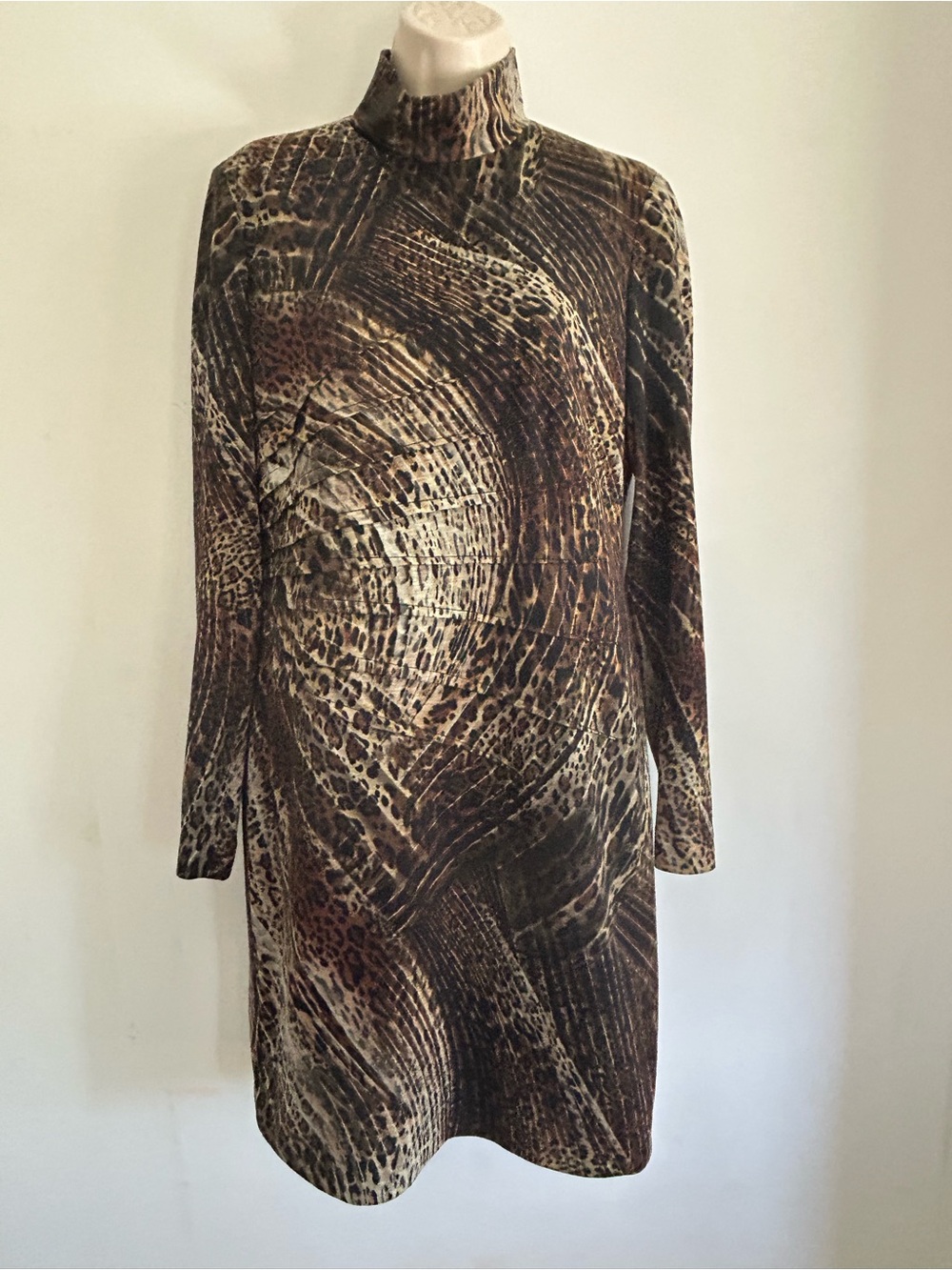 Carlisle EUC Mock Neck Brown/Black/Beige Animal-Print Shift Dress  Sz 8